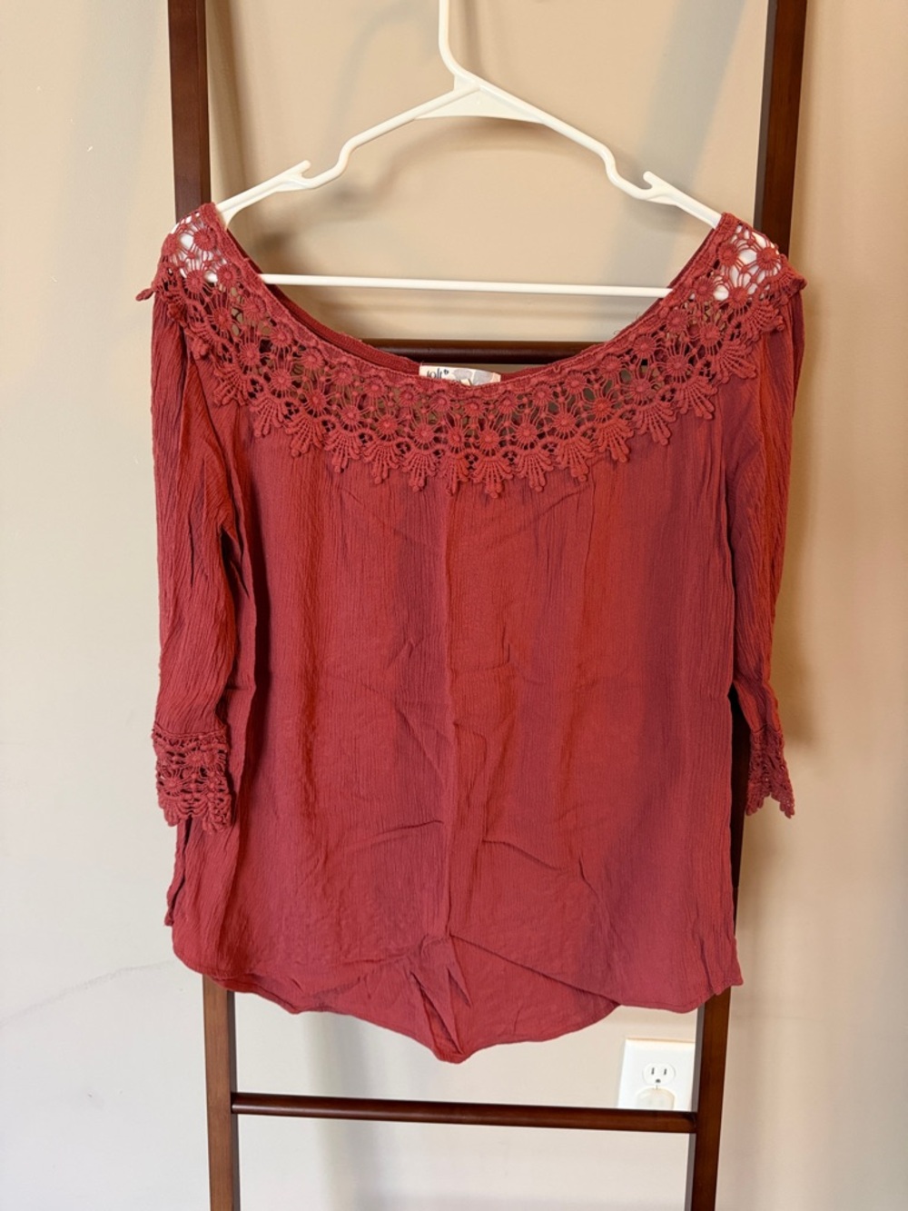 Jolt Brick Red Crochet-Trim Off-Shoulder Blouse